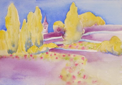 Aquarellbild mit  der Gärten auf der Mainau